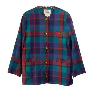 Avoca Plaid Blazer Jacket Irish Wool Bright Purple Red Aqua Woven Button Up